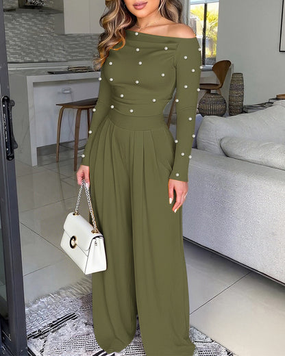 Pearls Decor Skew Neck Long Sleeve Cinched Waist Overalls Casual Ruched Zipper Back Wide Leg Jumpsuit