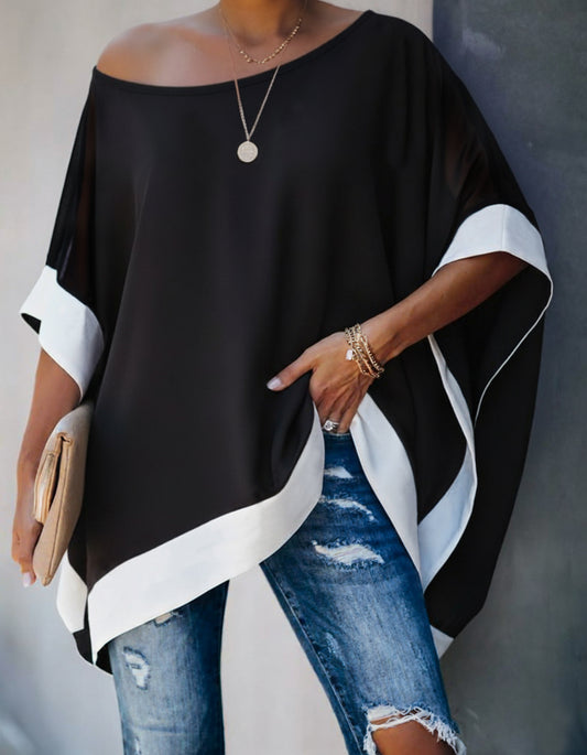 Colorblock Batwing Sleeve Twist Decor Top Casual Loose Fit Shirt