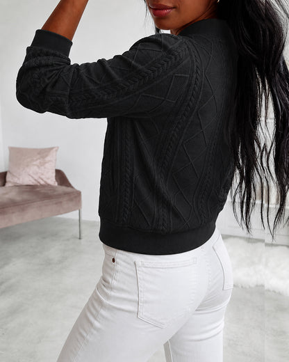 Women's Vintage Cable Knit Bomber Jacket Casual Argyle Zip Up Crop Coat with Pockets