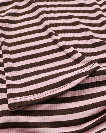 Women's Striped Boat Neck Ribbed Flare Sleeve Top Slim Fit Ruched Pullover