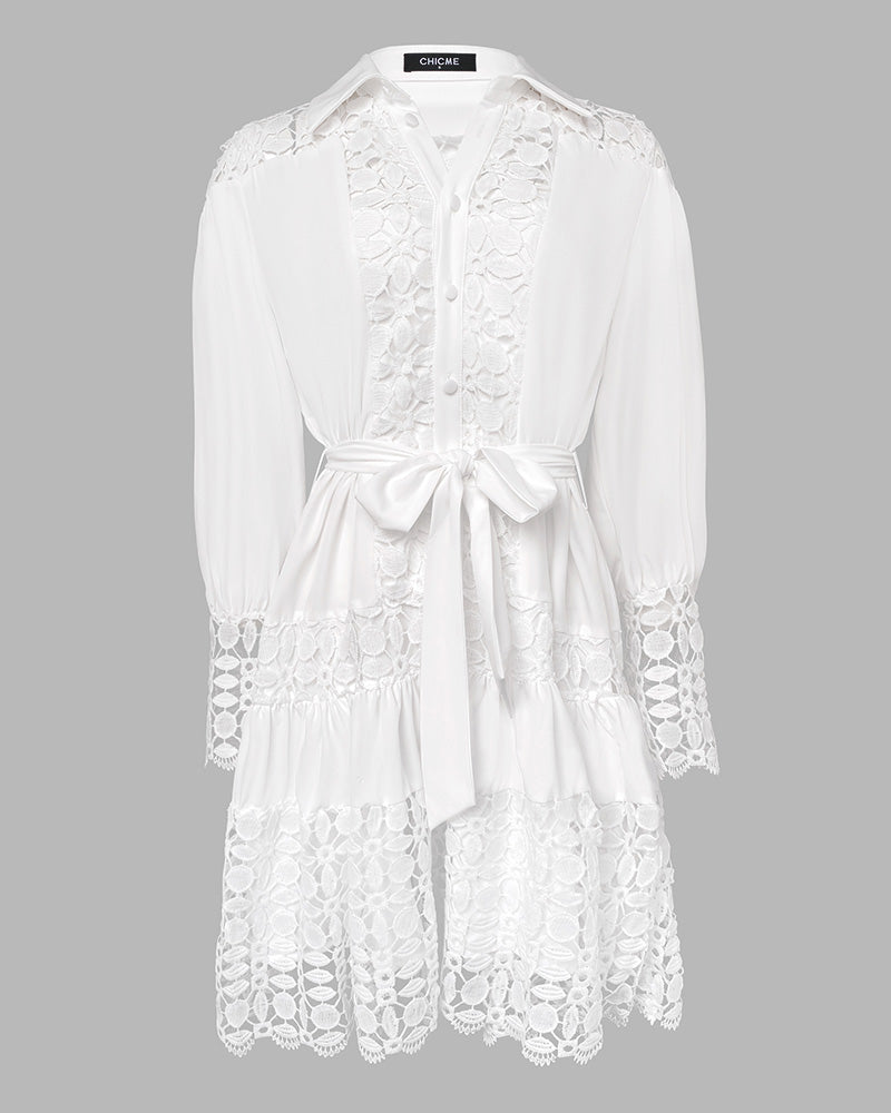 Contrast Lace Hollow Out Long Sleeve Blouse Dress Casual Tied Detail Mini Dress