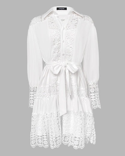 Contrast Lace Hollow Out Long Sleeve Blouse Dress Casual Tied Detail Mini Dress