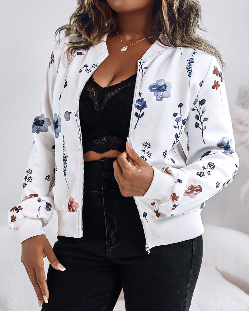 Plants Print Long Sleeve Casual Zipper Baseball Coat