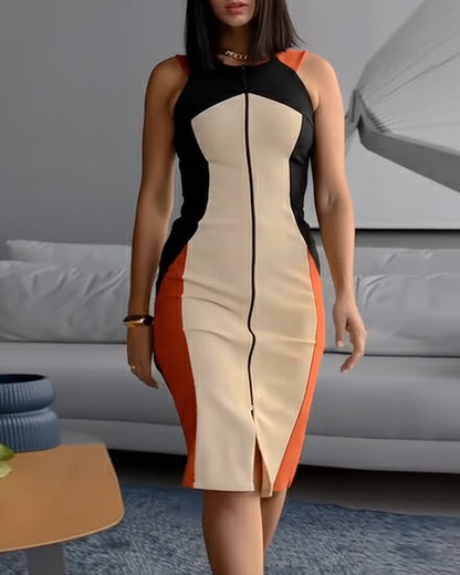 Colorblock O-neck Sleeveless Zipper Front Midi Dress Slim Fit Slit Front Commuting Dress