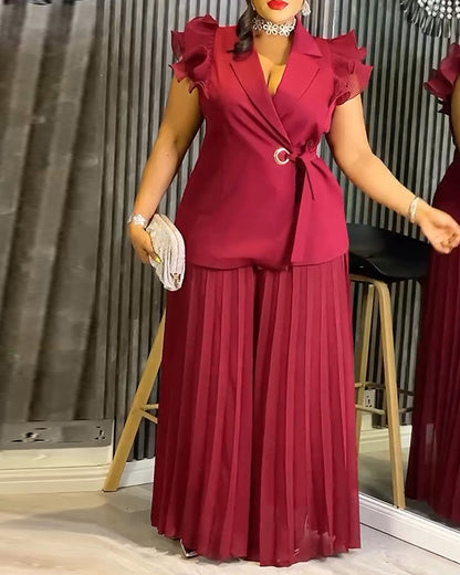 Trendy Two-Piece Set Ruffles Sleeve Waist Tied Detail Blazer and Casual Wide Leg Pleated Pants Set
