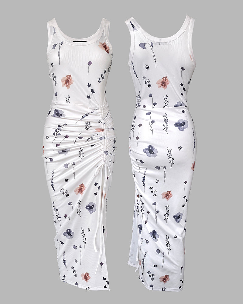 Floral Print U-Neck Thick Strap Drawstring Slit Vacation Dress Casual Ruched Slim Fit Tank Dress