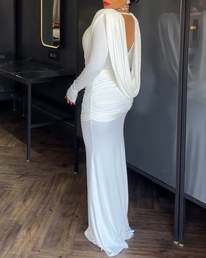 Cowl Neck Ruched Zipper Back Slim Fit Maxi Dress Casual Padded Shoulders Backless Evening Dress