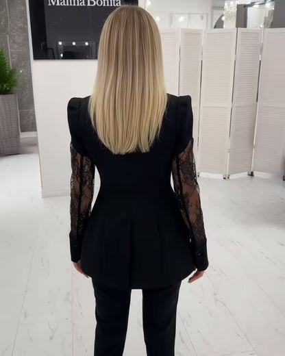 Eyelash Lace Trim Deep V-Neck Puff Sleeve Single Breasted Coat Lace Spliced Waist A-Line Blazer Coat