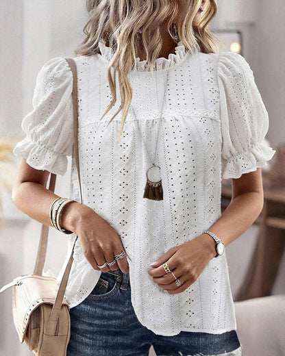 Elegant Frill Hem Stand Collar Puff Sleeve Blouse Casual Hollow Out Embroidery Pullover Top