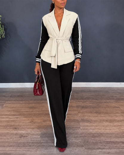 Women's 2 Piece Contrast Side Striped Outfits Lapel Collar Colorblock Top and Straight Leg Pants with Belt