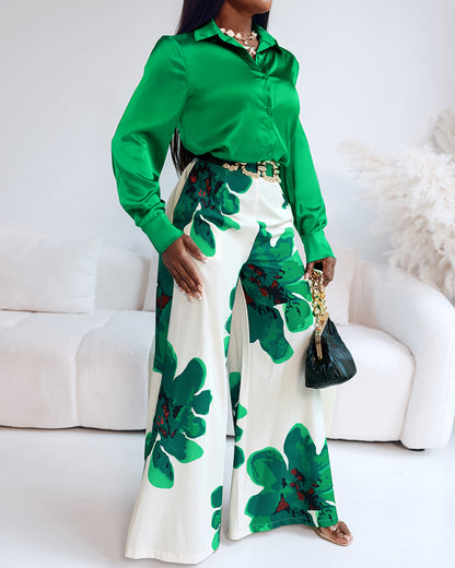 2 Pieces Outfit Long Sleeve Satin Blouse and Casual Floral Print High Waist Wide Leg Pants Set