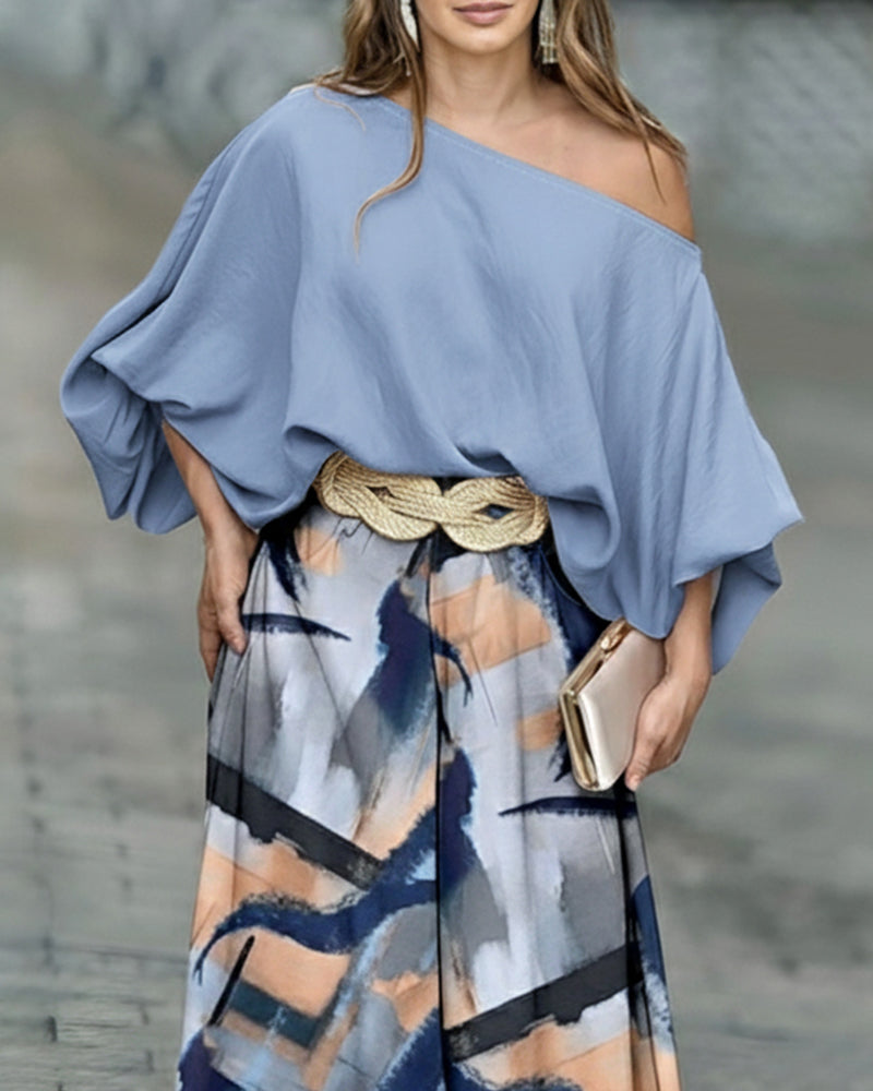 2 Pieces Outfit Skew Neck Batwing Sleeve Stretchy Hem Top and Casual Abstract Print Zipper Fly Elastic Back Waist Wide Leg Pants Set without Belt