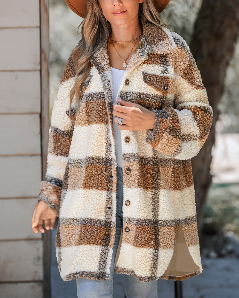 Women's Plaid Fleece Shacket Lapel Button Down Mid Length Oversized Jacket