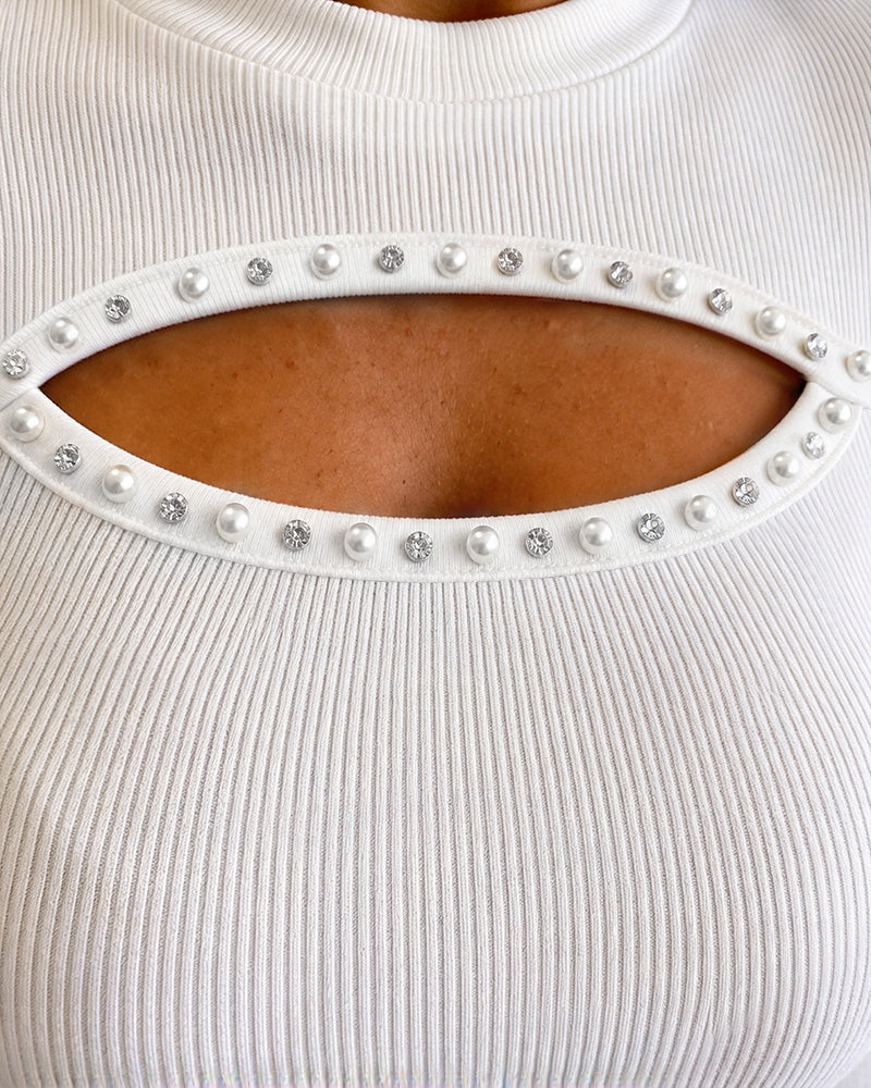 Women's Pearl Rhinestone Hollow-out Long Sleeve Ribbed Fitted Top