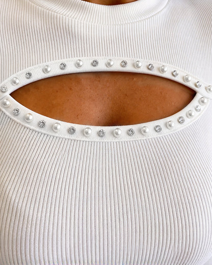 Women's Pearl Rhinestone Hollow-out Long Sleeve Ribbed Fitted Top