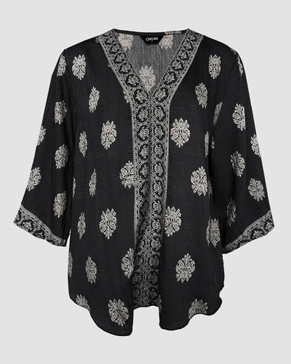 Floral Print V Neck Long Sleeve Blouse Casual Loose Fit Top