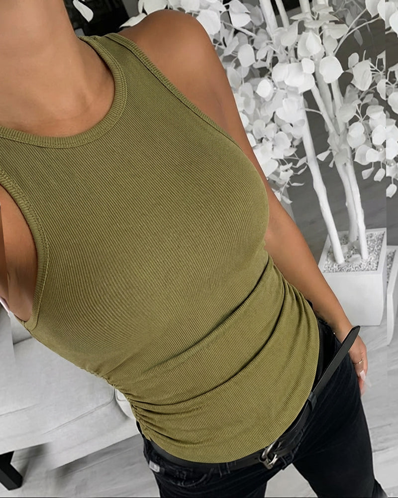 Round Neck Sleeveless Side Ruched Tank Slim Fit Ribbed Racerback Tank Top