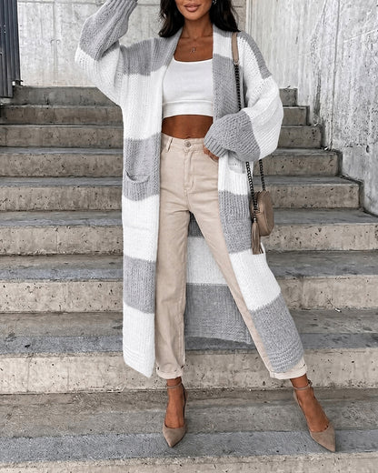 Women's Checkerboard Knit Cardigan Oversized Long Chunky Sweater Loose Lantern Sleeve Coat with Pockets