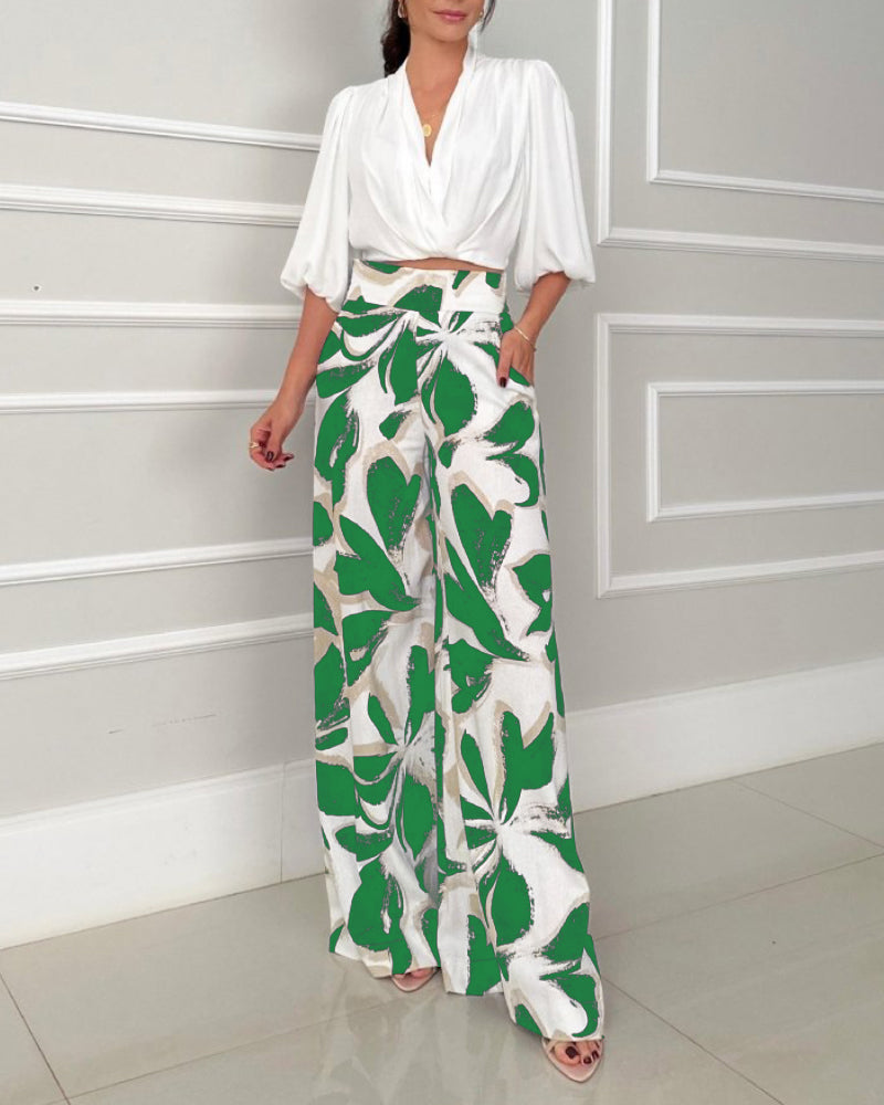 2 Pieces Outfit Wrap Plunge V Neck Crop Blouse and Casual Floral Print Wide Leg Pants Set