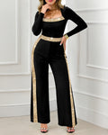 Sequin Bowknot Decor Contrast Sequin Paneled Square Neck Long Sleeve Jumpsuit Casual Cinched Waist Wide Leg Jumpsuit