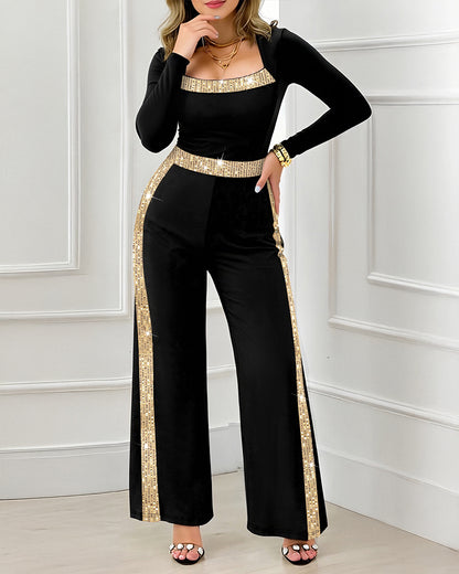 Sequin Bowknot Decor Contrast Sequin Paneled Square Neck Long Sleeve Jumpsuit Casual Cinched Waist Wide Leg Jumpsuit