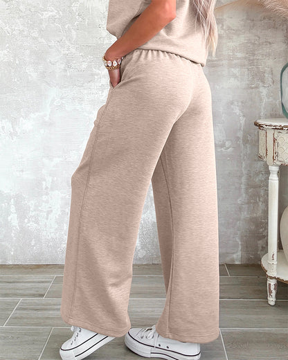 Women's 2 Piece Set Half Zip Cap Sleeve Top and Drawstring Straight Leg Pants Casual Loungewear
