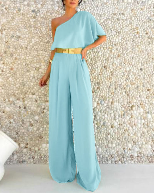 Ruffle One Shoulder Zipper Side Pleated Front Overalls Casual High Waist Wide Leg Jumpsuit without Belt