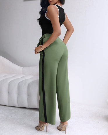 2 Piece Contrast Binding Sleeveless Slim Fit Tank Top and Striped Pants Sets Tracksuits Match Sets