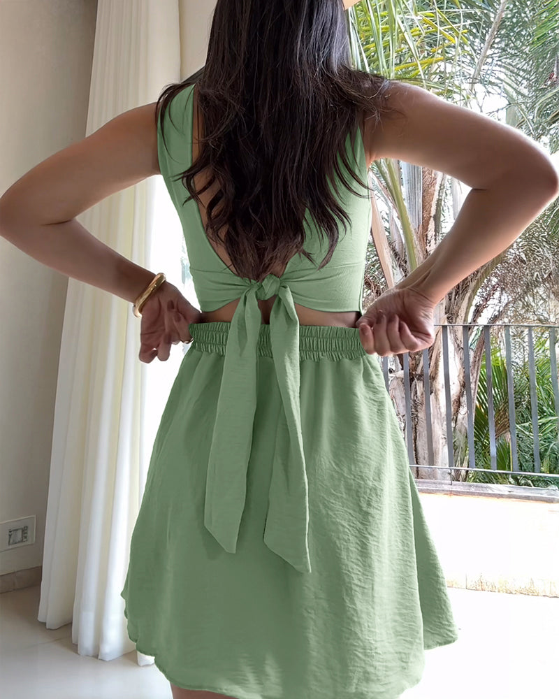 Square Neck Thick Strap Open Back Tie Back Textured Romper Casual Elastic Back Waist Backless Cinched Waist A Line Skorts Romper