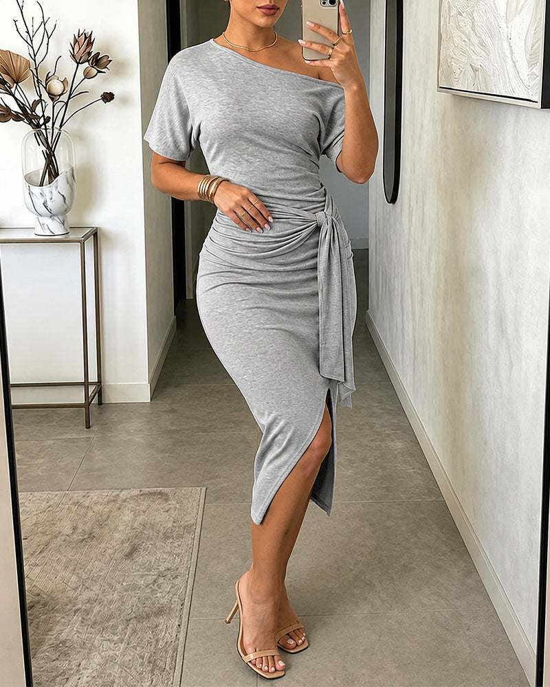 Women's 2 Piece Knit Outfit Skew Neck Short Sleeve Tied Ruched Top and High Waist Side Slit Skirt Set