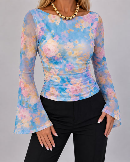 Women's Floral Watercolor Print Boat Neck Ruched Sheer Mesh Flare Sleeve Top