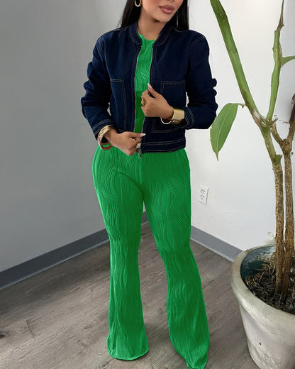 2 Pieces Outfit Round Neck Short Sleeve Crop Top and Elastic Waist Flared Pants Set Slim Fit Textured Set (Multiple Colors Available)