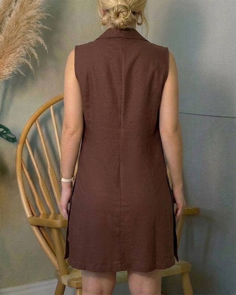 2 Pieces Outfit Stand Collar Sleeveless Button Front Side Slit Asymmetrical Hem Top and Drawstring Elastic Waist Shorts Set Casual Commuting Set