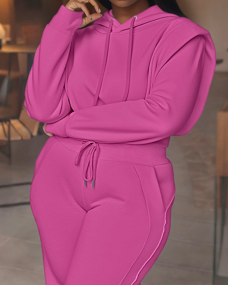 2 Pieces Outfit Long Sleeve Crop Drawstring Hoodie Sweatshirt With Thumb Hole Cuffs And Casual Drawstring Elastic Waist Wide Leg Sweatpants Set