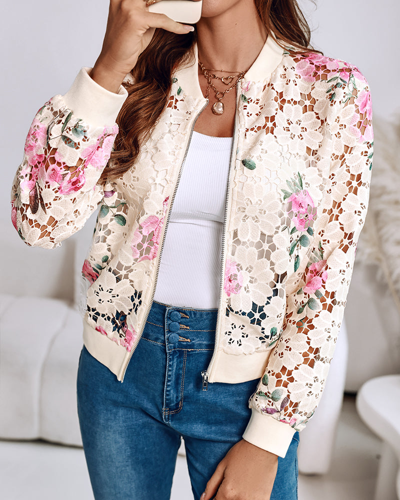 Floral Print Zip Up Water-Soluble Lace Baseball Coat Casual Hollow-out Bomber Crop Jacket