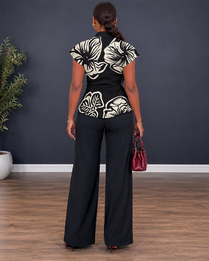Women's 2 Piece Outfit Floral Print Twist Front V Neck Top and High Waist Wide Leg Pants Set