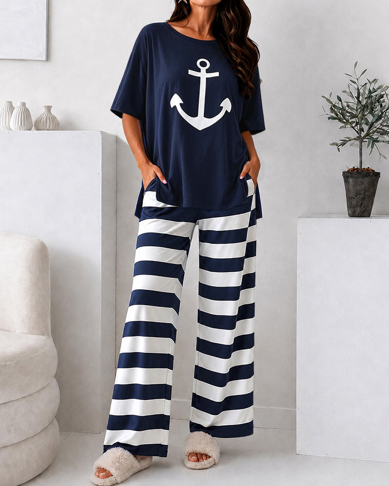Women's Loungewear Set Anchor Print Side Slit Top and Striped Straight Leg Pants Set Casual Pajamas Set with Pockets