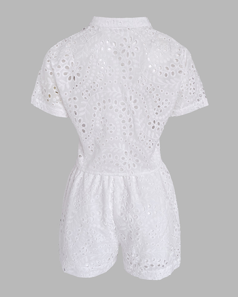 2 Pieces Outfit Eyelet Embroidery Short Sleeve Stand Collar Top and Casual Elastic Waist Shorts Set with Pockets