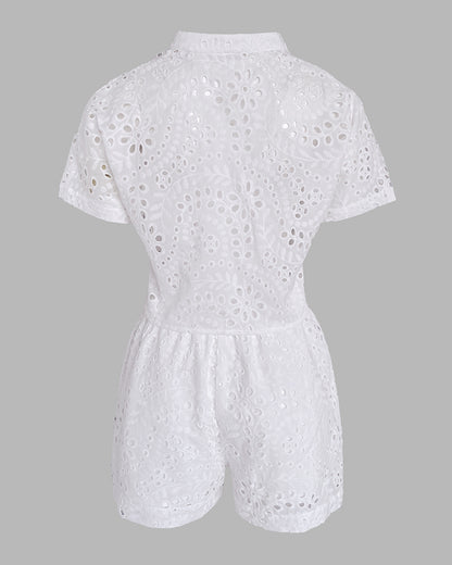 2 Pieces Outfit Eyelet Embroidery Short Sleeve Stand Collar Top and Casual Elastic Waist Shorts Set with Pockets