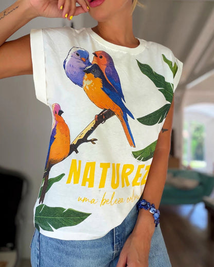 Tropical Animal & Plants Letter Print O-neck Short Sleeve Tee Casual Rolled Cuffs Top