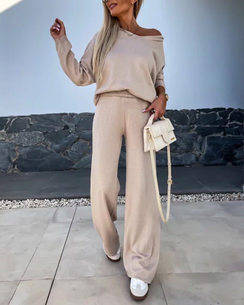 Women's Two-Piece Knit Set Long Sleeve Hoodie Top and Wide-Leg Pants Set Casual Cozy Lounge Outfit
