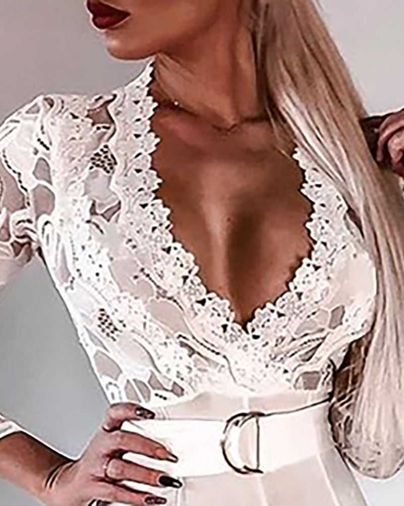 Crochet Lace Trim Deep V-Neck Floral Lace Spliced Ovearalls Casual Zipper Back Seam Front Jumpsuit with Belt