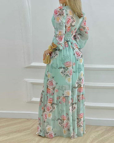 Floral Print Deep V Neck Lantern Sleeve Cinched Waist Maxi Dress Shirred Back Ruffle Hem A Line Dress
