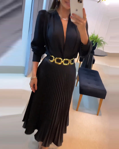 Elegant Women's Puff Long Sleeve V-neck Pleated Maxi Dress Dinner Dress (Without Belt)