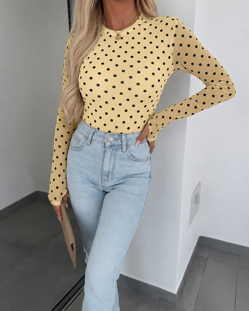 Women's Mesh Polka Dot Top Lined Sheer Long Sleeve Tee Crewneck Slim Fit Layering Under Base Top with Thumbholes