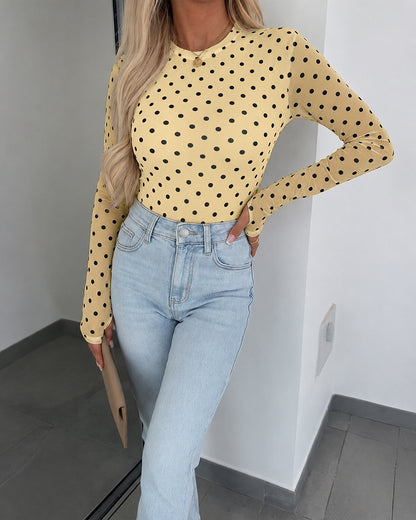 Women's Mesh Polka Dot Top Lined Sheer Long Sleeve Tee Crewneck Slim Fit Layering Under Base Top with Thumbholes
