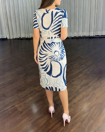 Abstract Print Short Sleeve Hollow-out Front Midi Dress with Belt