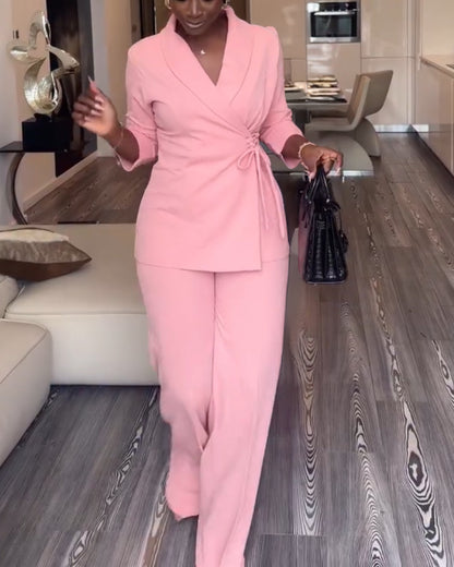 2 Pieces Outfit Overlap Shawl Collar Lace-up Side Cinched Waist Coat and Elastic Back Waist Wide Leg Pants Set Casual Blazer Set