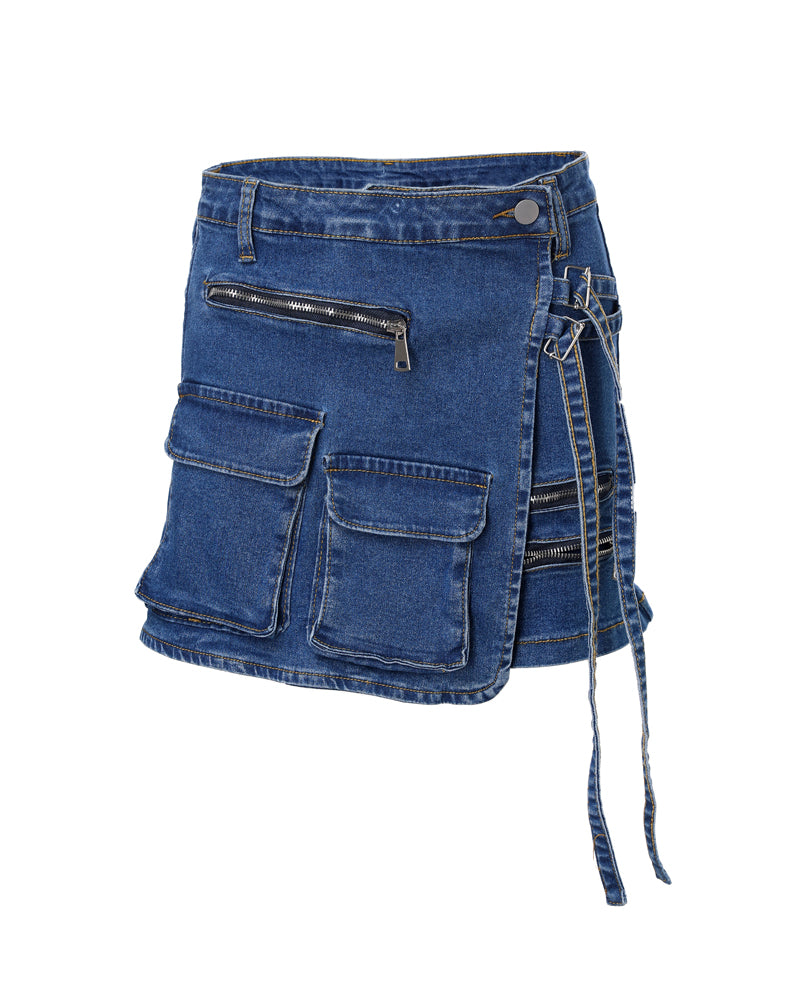 Women's High Waisted Wrap Denim Shorts Cargo Asymmetric Multi Pocket Zipper Buckle Jean Shorts