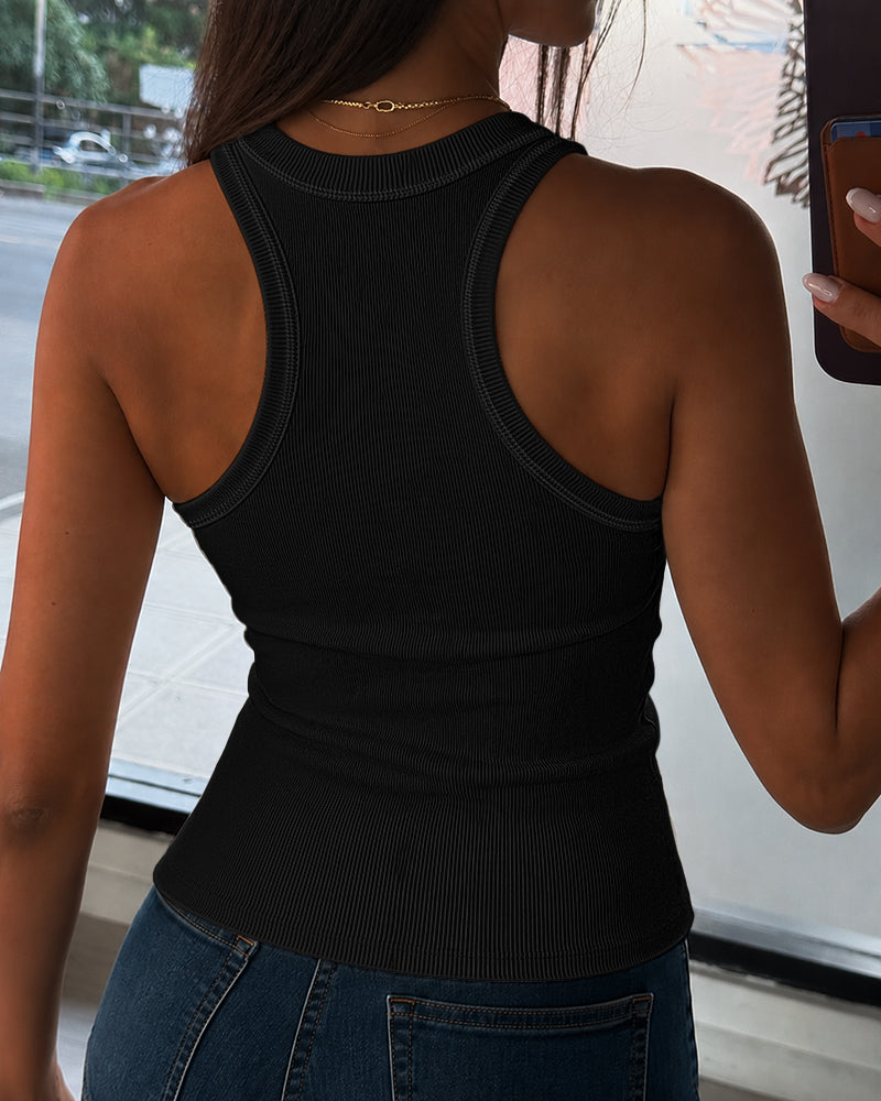 Women's Pearls Rhinestone Knit Racerback Tank Top Ribbed Crewneck Sleeveless Top